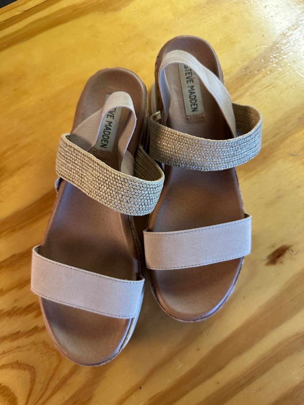 Steve Madden Women's Neutral Beige Brown Elastic Strap Wedge Sandals Size 8